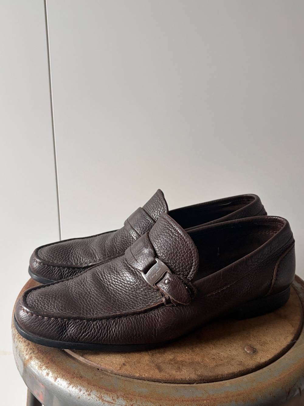 Ferragamo Men's Brown Pebbled Leather Slip-On Loafers